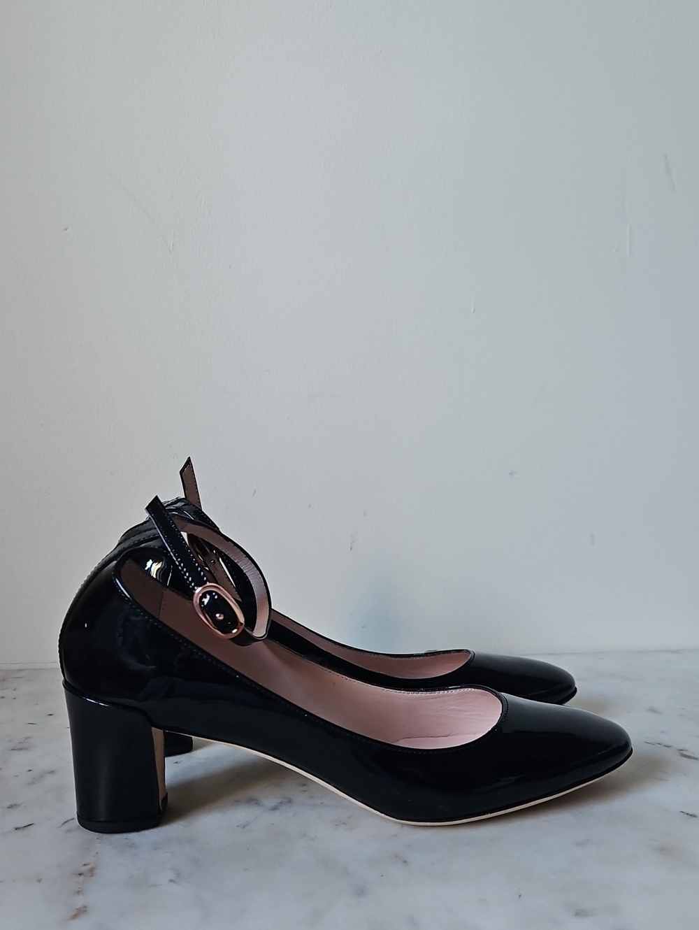 REPETTO: Black Patent Leather Mary Jane Heels W Rose Gold Hardware